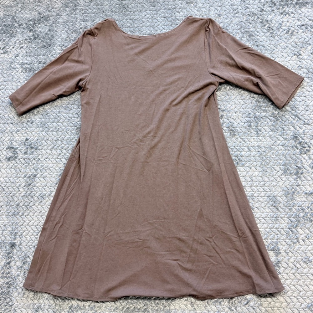 Eileen Fisher V-Neck 3/4 Sleeve Jersey Knit Tunic Dress in Taupe Brown Size XS - Picture 2 of 10